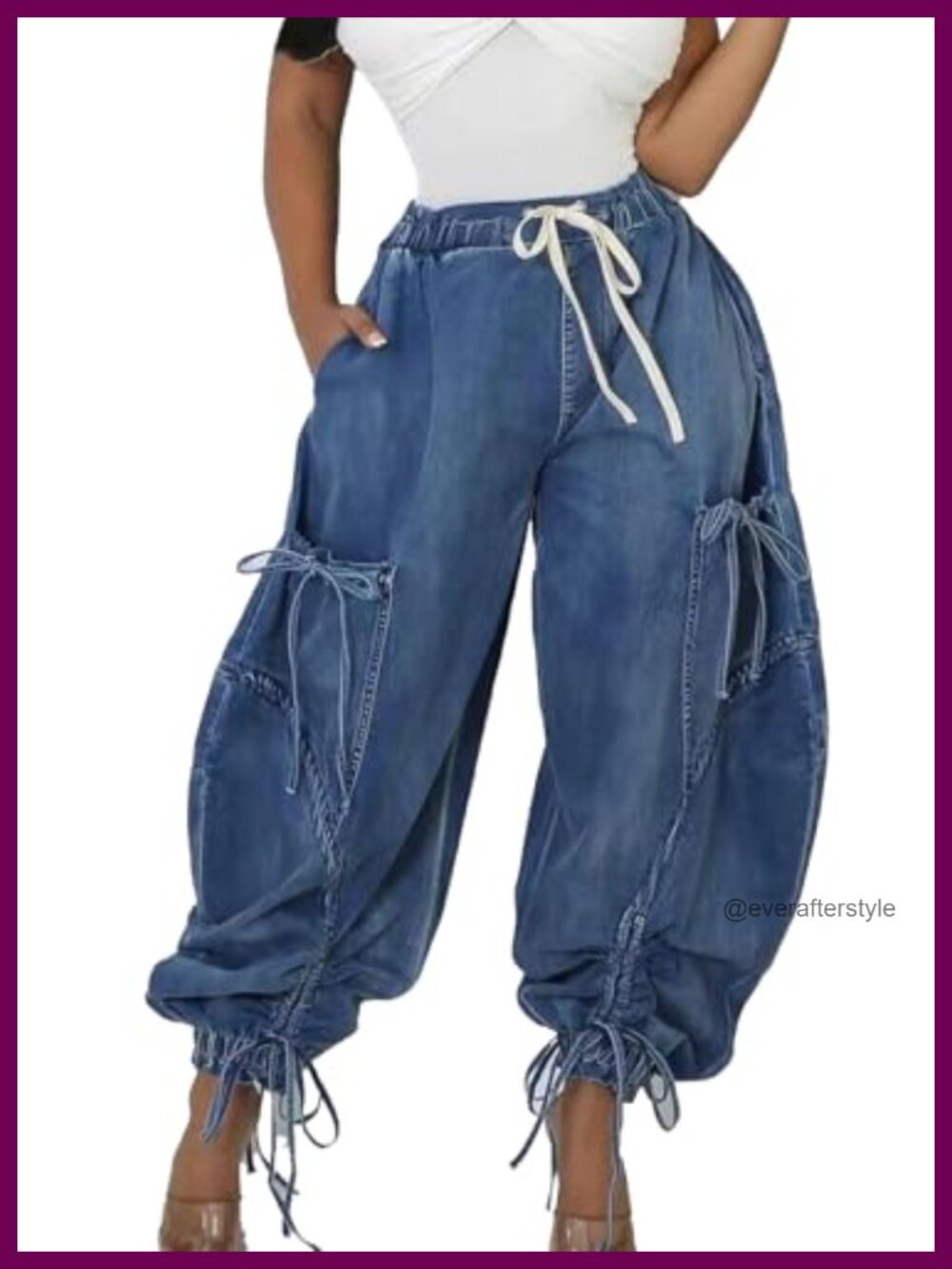 Women's Drawstring Ankle Tie Y2K Cargo Parachute Jeans Loose Fit High Rise